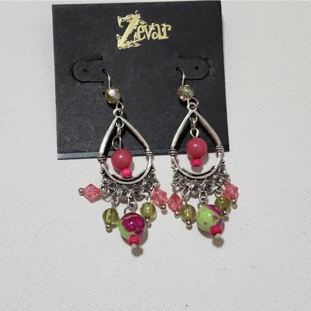 Zevar Pink Green Beaded Teardrop Chandelier Earrings Silver Tone Boho Dangle‎